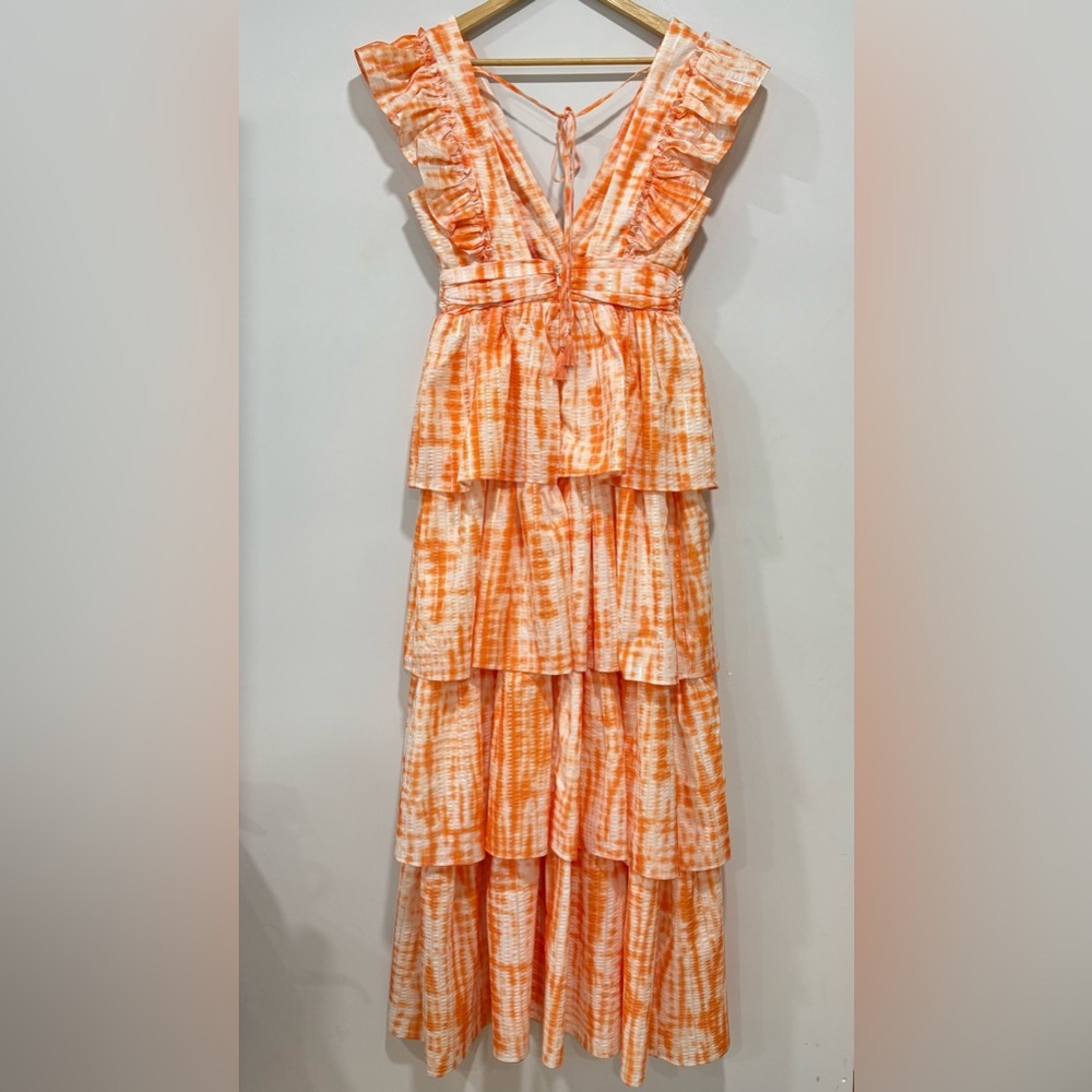 L'ATISTE Print Milty Tired Ruffle Maxi Orange Summer Dress Size S Vacation - Picture 3 of 8